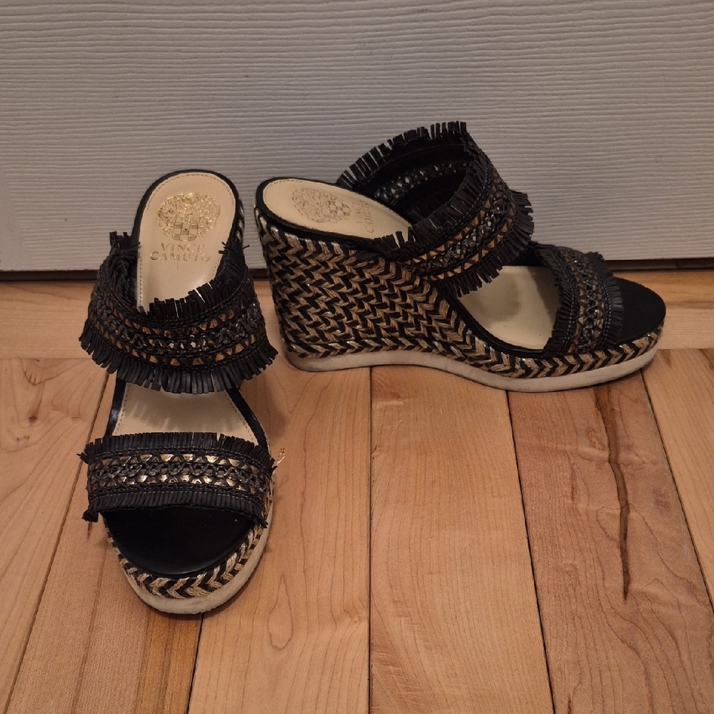 Vince Camuto Women's Size 9 Black Wedge Sandals with Braided Espadrille Platform